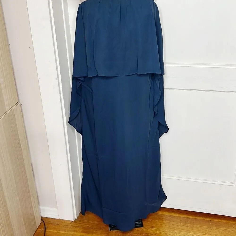 Krisa Strapless Ruffle Layer Strapless Dress Cape Dusk Blue NWT Size Large